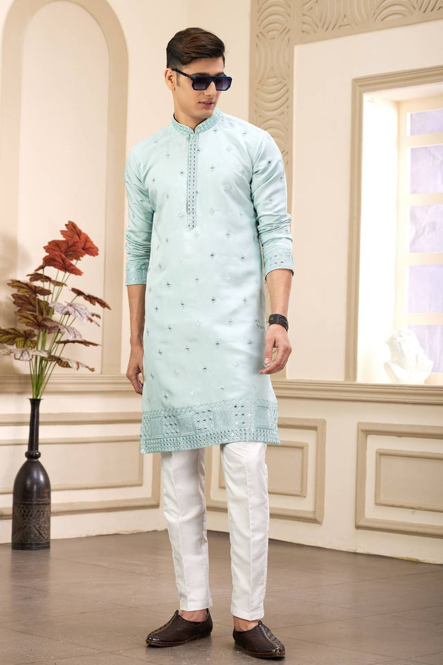 Pista Embroidered Art Silk Men's Kurta Sets