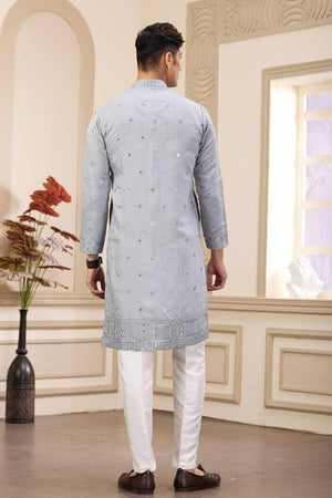 Grey Embroidered Art Silk Men's Kurta Sets