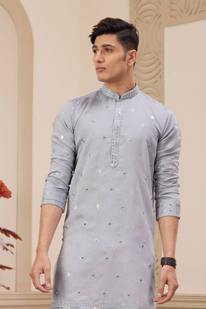 Grey Embroidered Art Silk Men's Kurta Sets