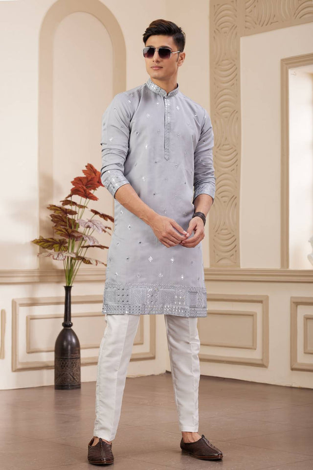Grey Embroidered Art Silk Men's Kurta Sets