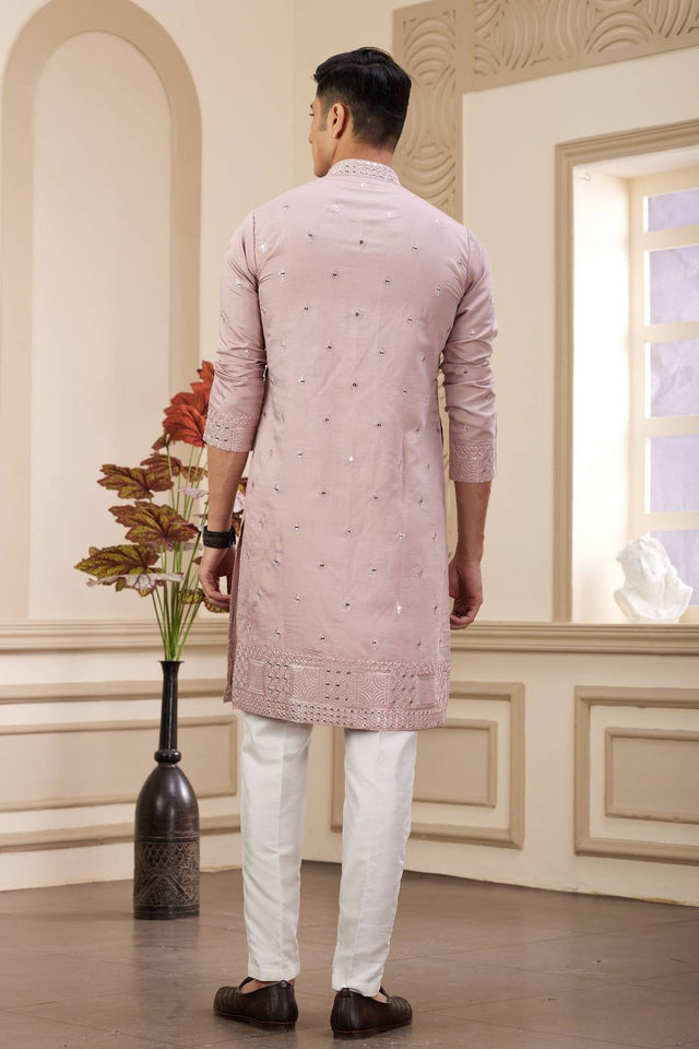 Pink Embroidered Art Silk Men's Kurta Sets