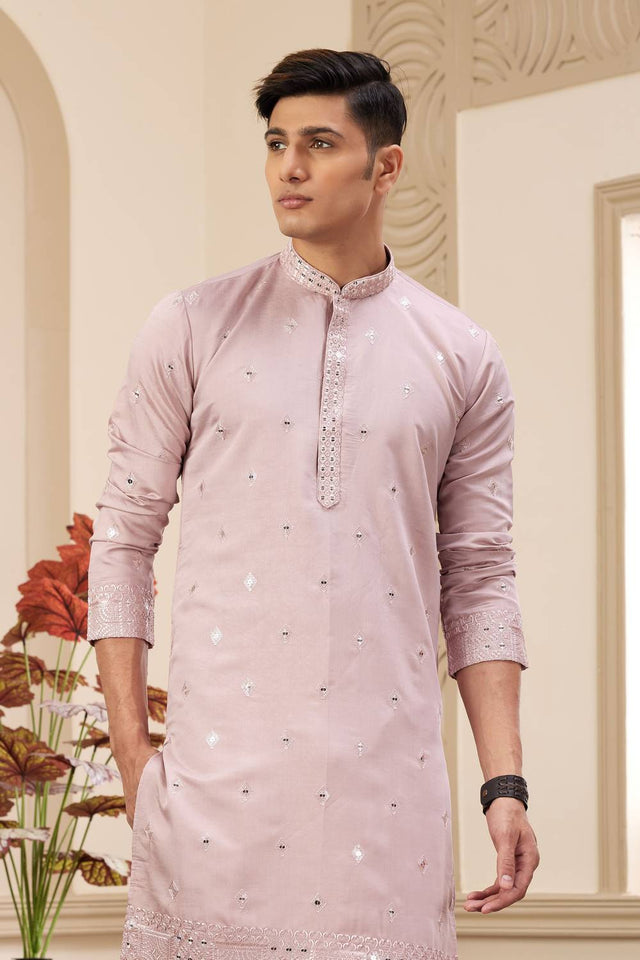 Pink Embroidered Art Silk Men's Kurta Sets