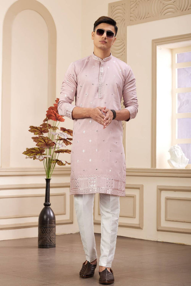 Pink Embroidered Art Silk Men's Kurta Sets