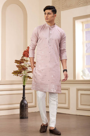 Pink Embroidered Art Silk Men's Kurta Sets