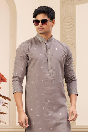 Brown Embroidered Art Silk Men's Kurta Sets