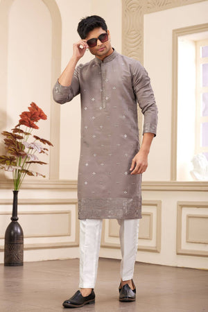 Brown Embroidered Art Silk Men's Kurta Sets