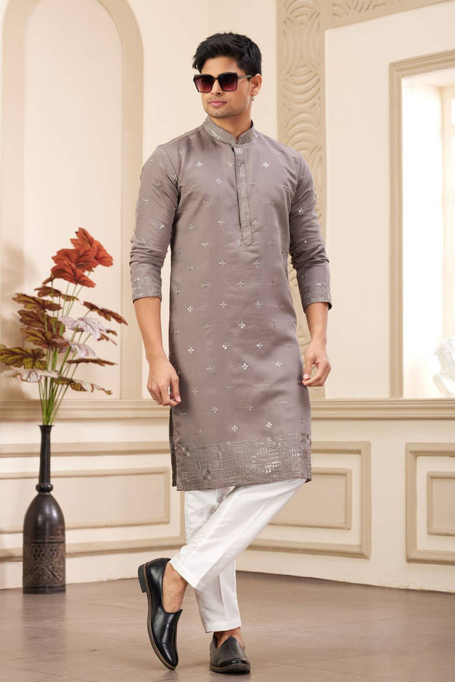 Brown Embroidered Art Silk Men's Kurta Sets