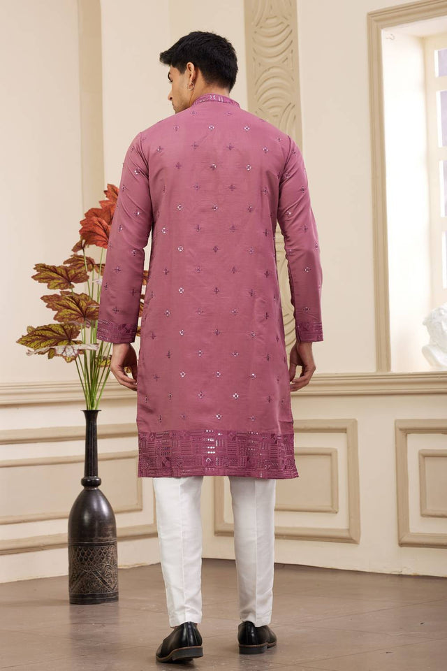 Burgundy Embroidered Art Silk Men's Kurta Sets