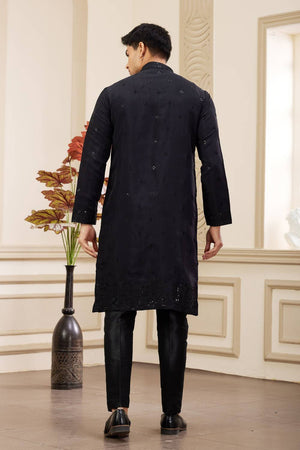 Black Embroidered Art Silk Men's Kurta Sets