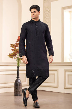 Black Embroidered Art Silk Men's Kurta Sets