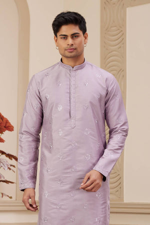 Purple Embroidered Art Silk Men's Kurta Sets
