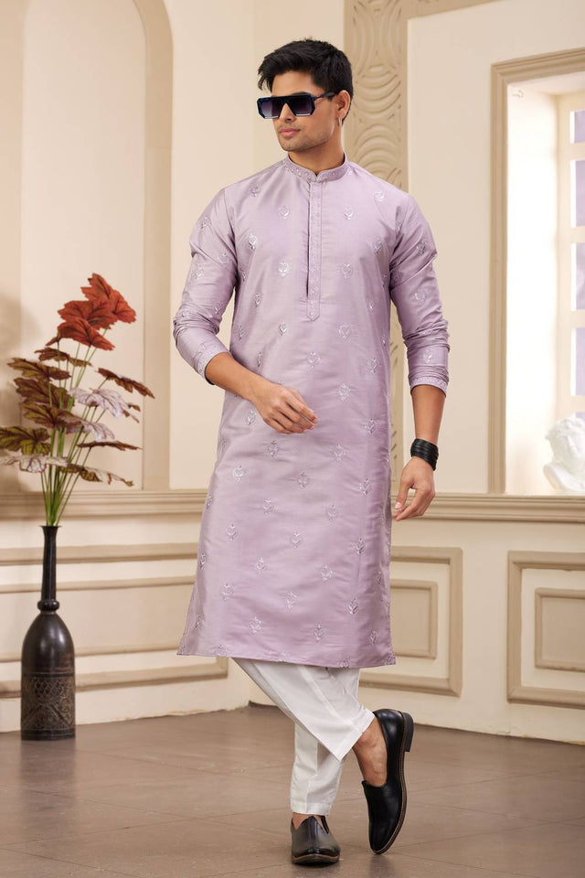 Purple Embroidered Art Silk Men's Kurta Sets