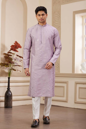 Purple Embroidered Art Silk Men's Kurta Sets