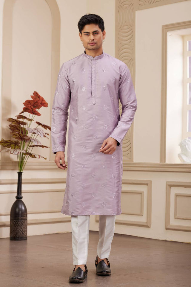 Purple Embroidered Art Silk Men's Kurta Sets