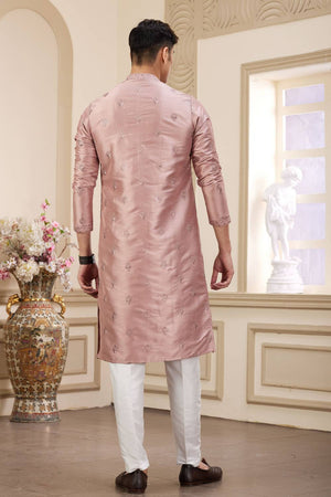 Peach Embroidered Art Silk Men's Kurta Sets
