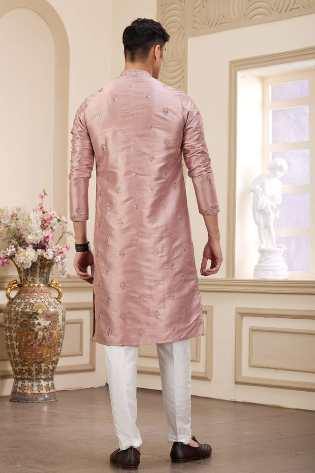 Peach Embroidered Art Silk Men's Kurta Sets