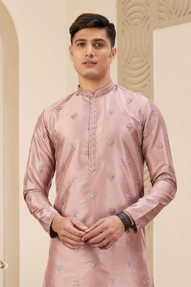 Peach Embroidered Art Silk Men's Kurta Sets