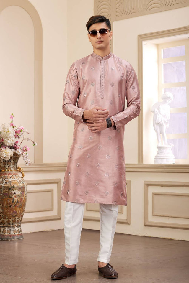 Peach Embroidered Art Silk Men's Kurta Sets