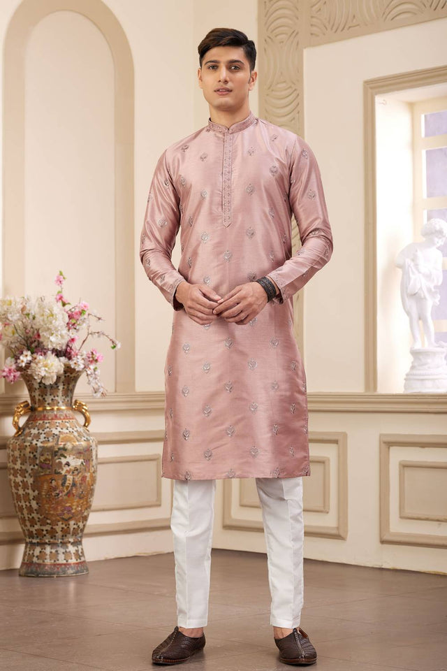 Peach Embroidered Art Silk Men's Kurta Sets