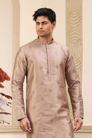 Brown Embroidered Art Silk Men's Kurta Sets