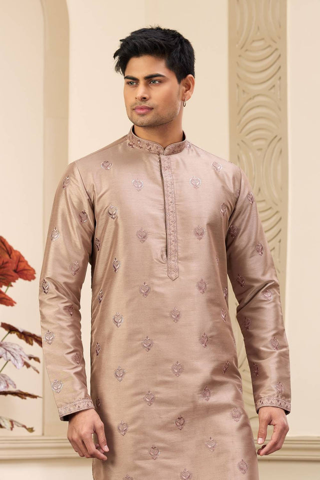 Brown Embroidered Art Silk Men's Kurta Sets