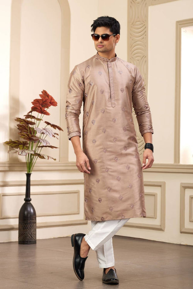 Brown Embroidered Art Silk Men's Kurta Sets