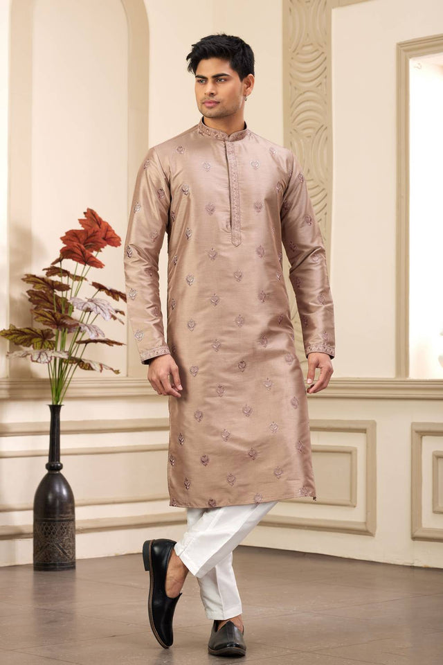 Brown Embroidered Art Silk Men's Kurta Sets