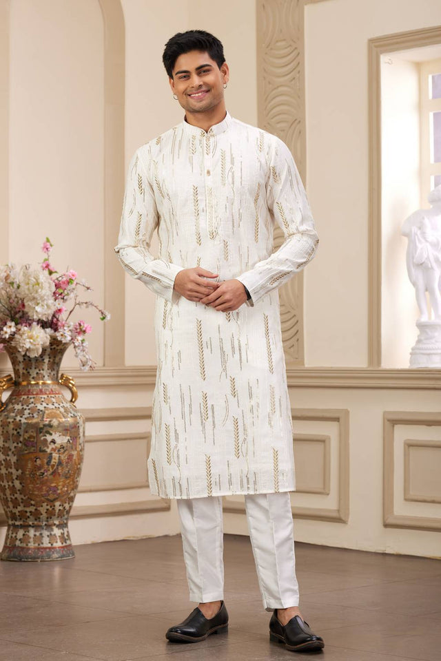 Cream Embroidered Art Silk Men's Kurta Sets
