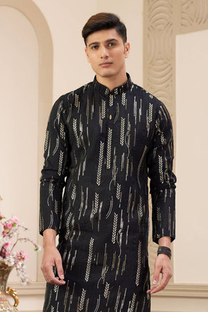 Black Embroidered Art Silk Men's Kurta Sets