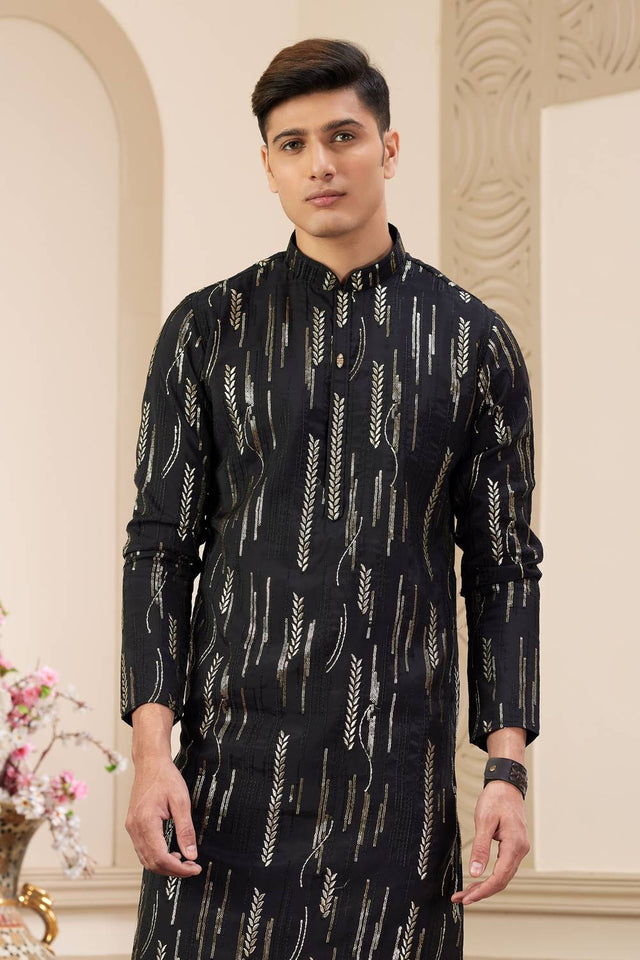 Black Embroidered Art Silk Men's Kurta Sets