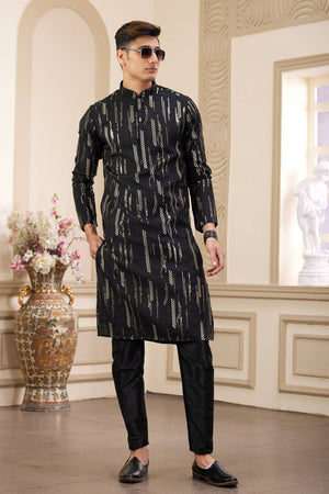Black Embroidered Art Silk Men's Kurta Sets