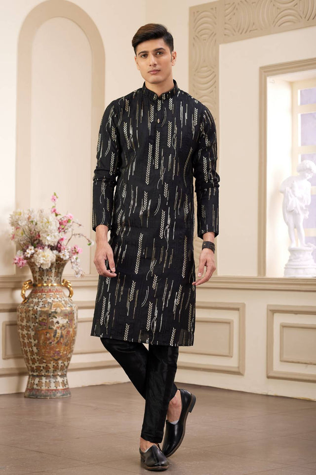 Black Embroidered Art Silk Men's Kurta Sets