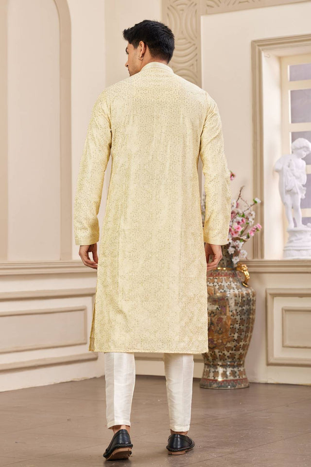 Yellow Embroidered Art Silk Men's Kurta Sets