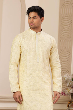 Yellow Embroidered Art Silk Men's Kurta Sets
