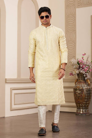 Yellow Embroidered Art Silk Men's Kurta Sets
