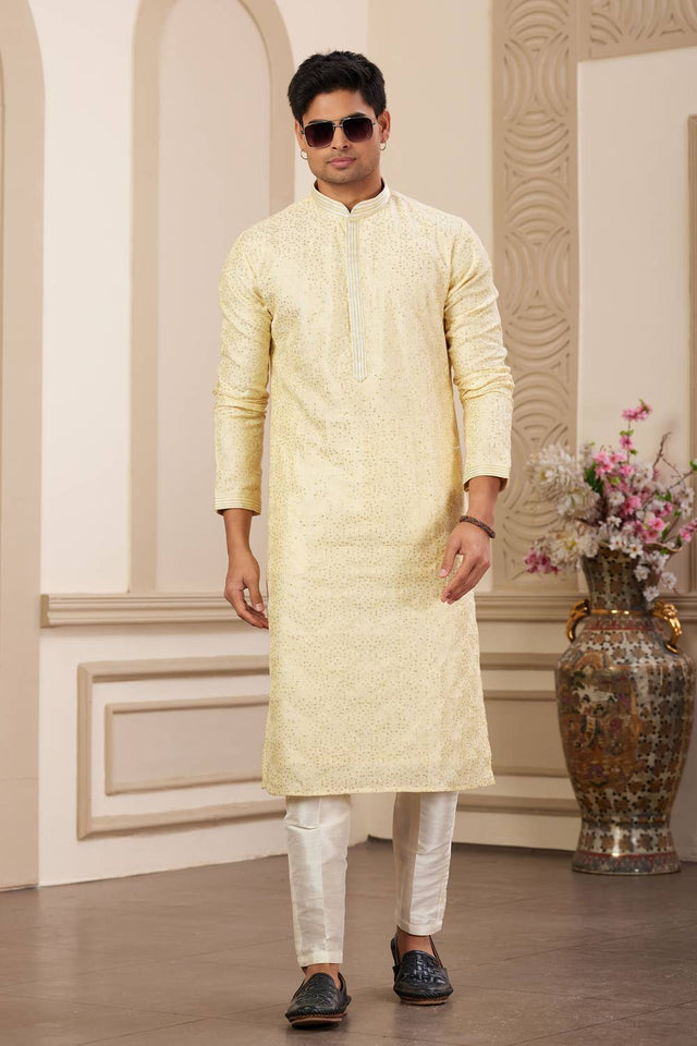 Yellow Embroidered Art Silk Men's Kurta Sets