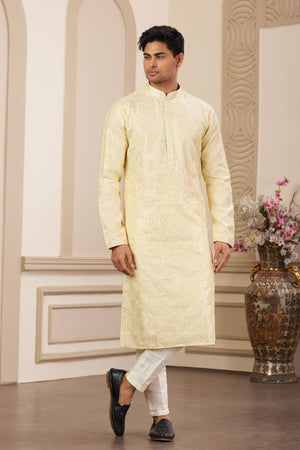 Yellow Embroidered Art Silk Men's Kurta Sets