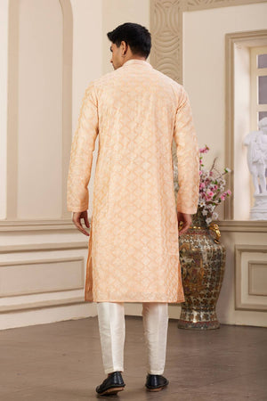 Peach Embroidered Art Silk Men's Kurta Sets
