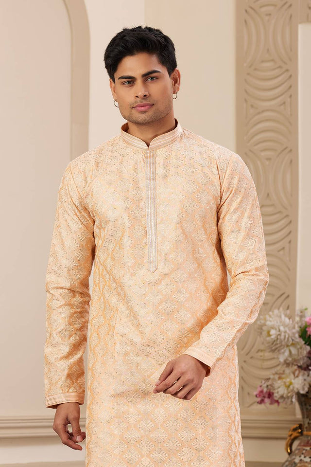 Peach Embroidered Art Silk Men's Kurta Sets