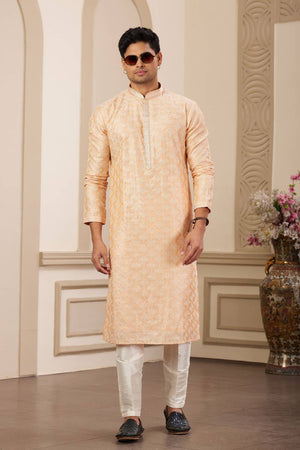 Peach Embroidered Art Silk Men's Kurta Sets