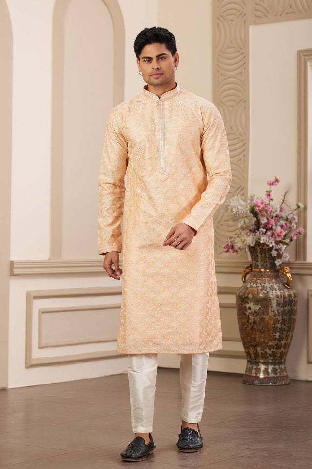 Peach Embroidered Art Silk Men's Kurta Sets