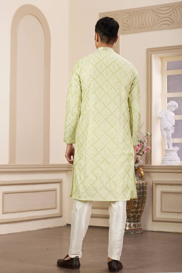 Pista Embroidered Art Silk Men's Kurta Sets