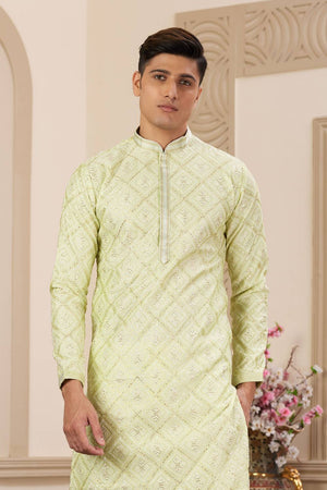 Pista Embroidered Art Silk Men's Kurta Sets