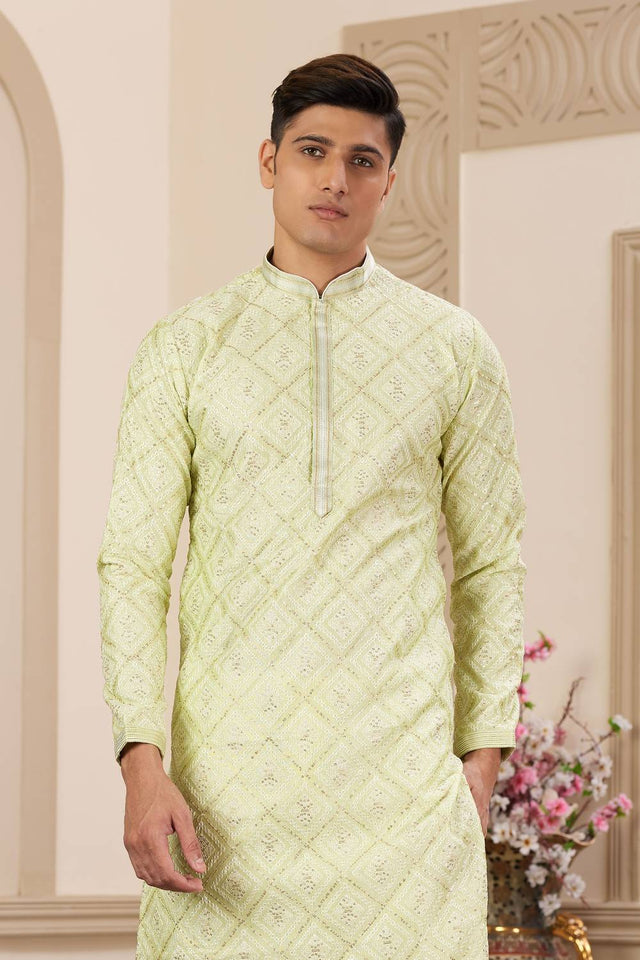 Pista Embroidered Art Silk Men's Kurta Sets