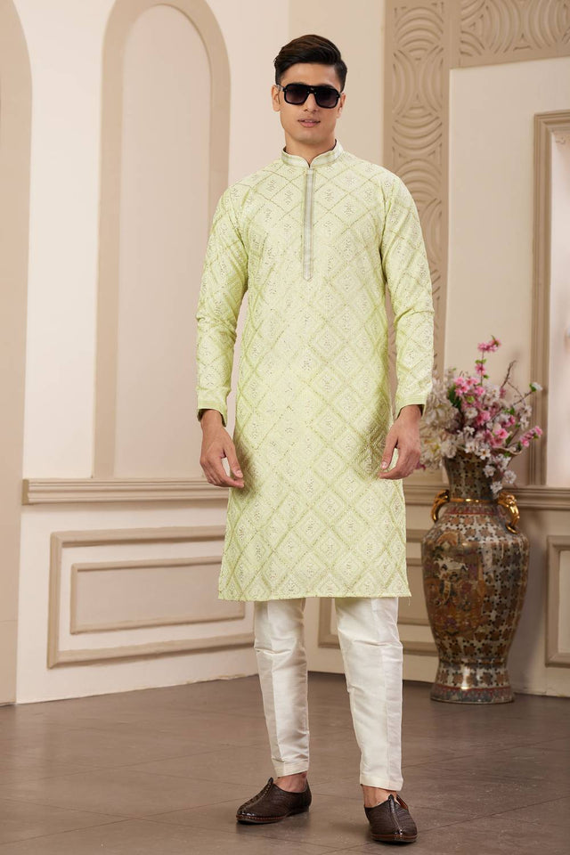 Pista Embroidered Art Silk Men's Kurta Sets