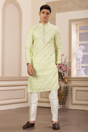 Pista Embroidered Art Silk Men's Kurta Sets