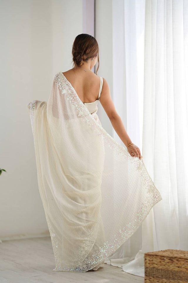 Cream Printed Georgette Saree