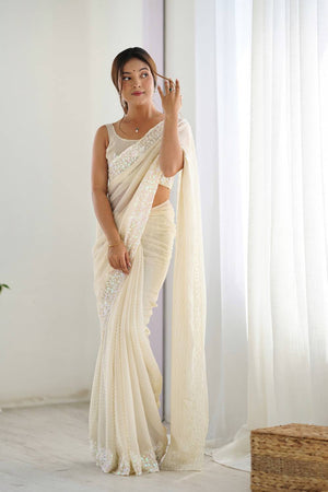 Cream Printed Georgette Saree