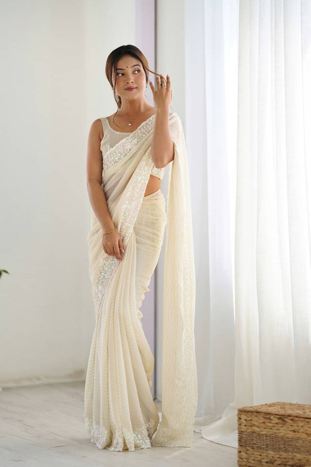Cream Printed Georgette Saree