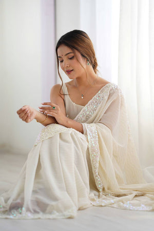 Cream Printed Georgette Saree